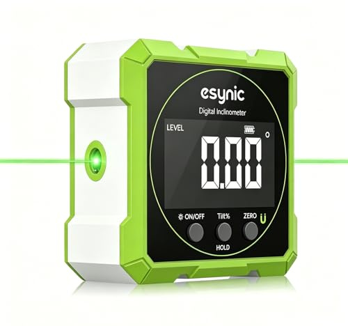 eSynic Inclinomètre Numérique avec Laser Vert 4 Faces Magnétiques Écran LCD VA Mesureur d'Angle Numérique 4*90° Réversible Réinitialisable Étanche IP54 Inclinomètre Magnétique pour Menuiserie Bâtiment