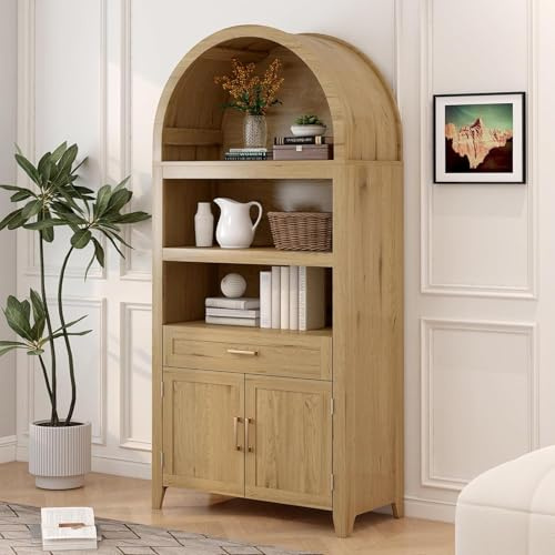 Vitrine de 166 cm de haut avec dessus bombé, armoire de cuisine avec portes et tiroirs en bois, étagères ouvertes, style médiéval, convient pour salon, couloir, bureau et chambre à coucher (style 1)