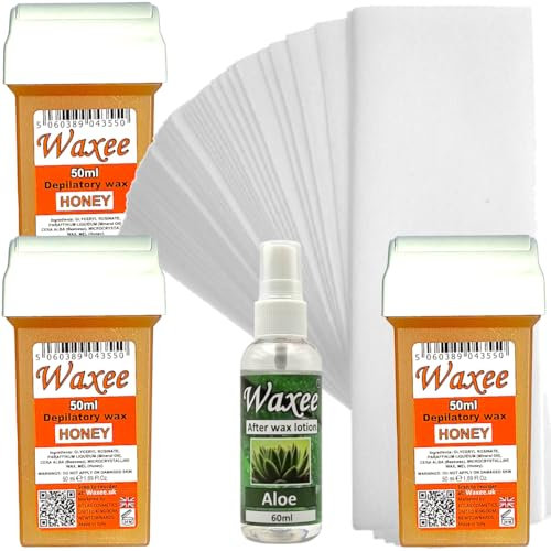 Waxee Compatibile con Veet Easy Wax 50 ml roll on Wax cartuccia di cera rullo di ricambio miele (3 x 50 ml roll-on + 25 strisce + lozione dopocera)