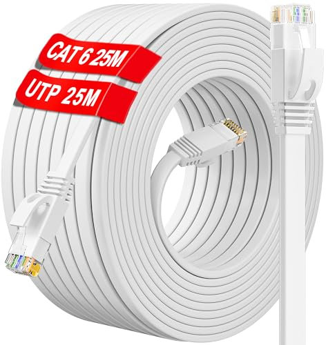 Cable Ethernet 25 metros, Cat 6 Cable de Red 25m Alta Velocidad, Blanco Plano RJ45 Cable Internet 1000Mbps 250MHz, Exterior Interior Impermeables Gigabit Cable LAN para Router Switch Módem (25 Clips)