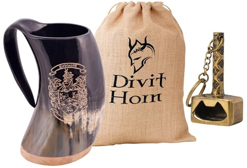Divit Horn Jarra de cuerno auténtica de estilo vikingo de | Jarra de cerveza medieval auténtica | Bolsa de regalo de arpillera incluida | capacidad de 24 oz (Odger, Polished)