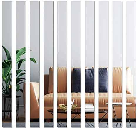 WUTAOBON Mirror Tiles, 2''x20''Mirror Tiles Self Adhesive Stripe Wall Mirror Stickers (Not Glass) Removable Long Acrylic Frameless Mirror Sheets for Home Living Room Bedroom DIY Decor (10Pcs)