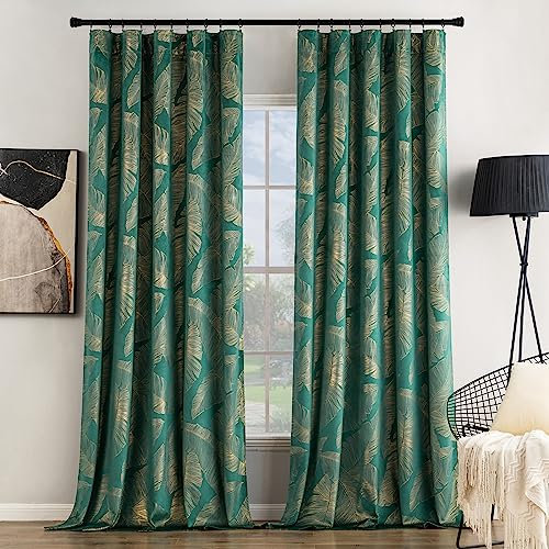 MIULEE Samtvorhang mit Goldfolie Blätter Muster, 2er Set Vorhänge Samt Smaragdgrün mit Rückenschlaufen und Stangentasche, Dicke Vorhang Blickdicht Samt Gardinen für Schlafzimmer, Jeder H225 X B140cm