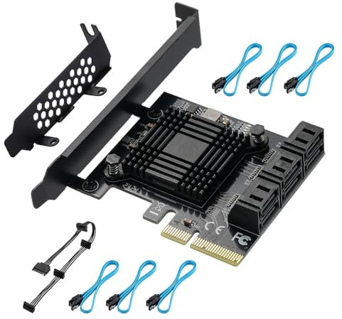 PCIE Schnittstelle-4X SATA Karte 6 Ports, mit 6 SATA Kabel und Low Profile Halterung, PCIE zu SATA 3.0 6 Gbps Controller, ASM1166 Chip