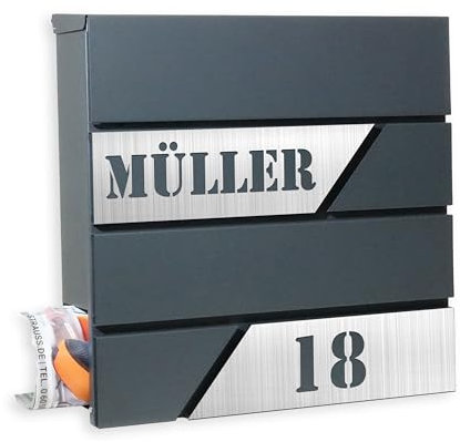 Personalisierter Briefkasten mit Hausnummer und Namensschild - Postkasten groß Wandbriefkasten mit Zeitungsfach in Anthrazit Schwarz/Grau