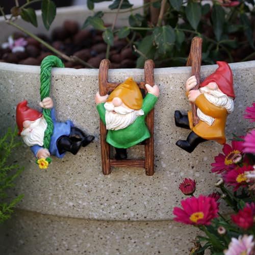 Outdoor Garden Decoration, Pack of 3 Hanging Gnome Figures, Garden Decoration, Climbing Planter, Garden Gnome, Hanging Dwarf Figurines for Garden, Flower Pot, Patio, Balcony, Mini Pond Decoration