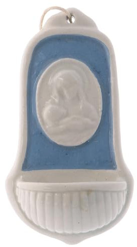 Holyart Acquasantiera Ceramica Deruta Bianca iconcina di Maria Gesù Bambino 10x5x5 cm