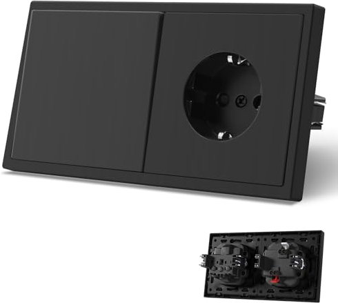 MVAVA Interruptor y Enchufe,Interruptores pared con Garfio,Instalación horizontal y vertical,Conectores de Resorte,1 Gang 1 Vía + 1 Enchufe,150mm Negro
