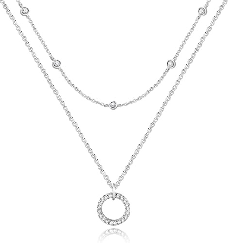 Silber Kette Doppel Layer Stapelbare Zirkon Kreis Anhänger Halskette Damen