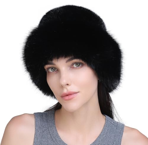 YEKEYI Bonnet d'hiver en fausse fourrure pour femme, Noir , Taille unique