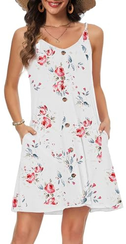 Koerye Strandklänning Baddräkt Avslappnad Ärmlös Klänning med V-ringning Sommar Spaghettiband Klänningar Bikini Cover Up Sommar, Vit blomma, S