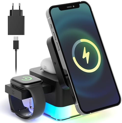 VOSFEE Base de Carga Inalámbrica 3 en 1 con Luz Ambiental, Certificado Qi 15W Carga rápida, Compatible con: iPhone 16/15/14/13/12, Serie de Apple Watch y AirPods, Samsung Galaxy y más Dispositivos