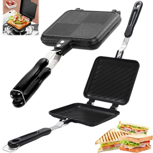 Sandwichera Antiadherente Doble Cara con Asas Resistentes Calor, Sartén Plancha Sándwich Portátiles, Tostadora Fondo Plano Multifunción, Utensilios Desayuno Cocina Mini para Acampar, Aire Libre, Hogar