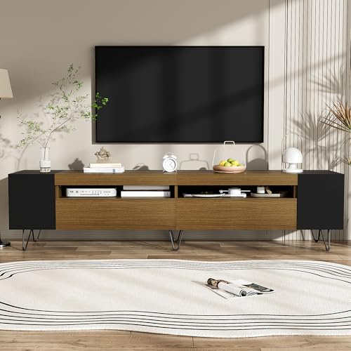 Jaxenor 180cm TV Cabinet with 2 Sliding Doors, TV Stand Cabinet with 2 Drawers, Modern Entertainment Unit for Living Room, Media Console, Supports TVs Up to 75 Inches, Black + Wood