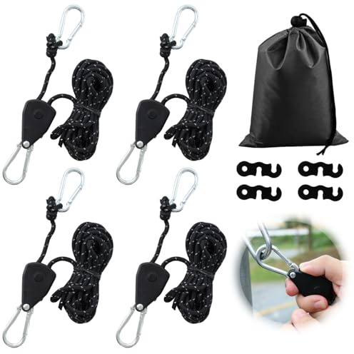 Tyafzzn 4 Stück 4mm Verstellbarer Seil Ratsche, 4m Abspannseile mit seilspanner, Einstellbare Ratchet Hanger mit 4 PCS Cord Adjuster Aufbewahrungstasche, Reflektierende Abspannseile für Sonnensegel