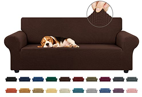 KEKUOU Stretch Sofa Cover Slipcover ，Couch Covers for 3 Cushion Couch Sofa pet Friendly (78-94) Furniture Protector Sofa with Elastic Bottom for Kids,Dog, Jacquard Small Checked(Large,Chocolate)