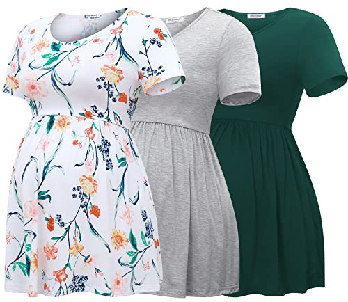 Bearsland moderskap toppar kortärmad rund hals amning t-shirt graviditetskläder, Grön och ljusgrå och vit blomma, M