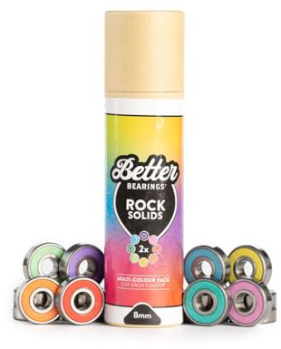 Better Bearings - Rock Solids, Roller Skate Bearings, 16 Pack, Quad Skates, ABEC 9 Rated, Hardwearing, Tough, Long Lasting, Pre Lubed, Replaceable Rubber Shields, Women Supportive, 8mm, Multi