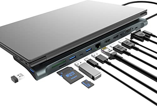 USB-C-Dockingstation, 12-in-1 USB-C-Hub, Dreifach-Monitor Typ C auf 2 HDMI + VGA-Adapter, Laptop-Dockingstation, erweitertes Display, Multiport, USB 3.0, SD/TF-Audio für Dell, Surface, HP, Lenovo