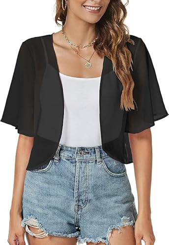 Women Shrug Chiffon Cardigans Short Sleeve Sheer Bolero for Dress,Black,M