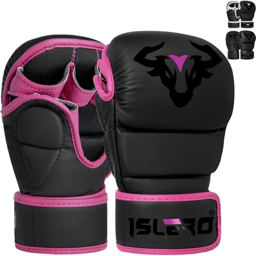 Islero Fitness Matte Black MMA Gloves Martial Arts Mitts Grappling Sparring Men Muay Thai Cage Fighting Boxing Combat Sports Women pink UFC Punching Bag Training (Pink, Medium)