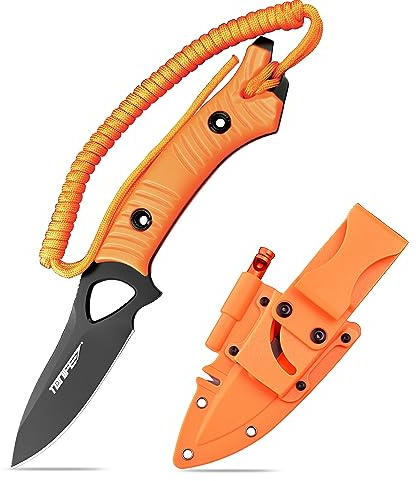 TONIFE Explorer Couteau à Lame Fixe avec Gaine 8cr14mov Lame Couteau de Survie Multifonctionnel Manche en Nylon Renforcé de Fibre de Verre pour Couteau EDC Extérieur(Orange+Noir Titane)