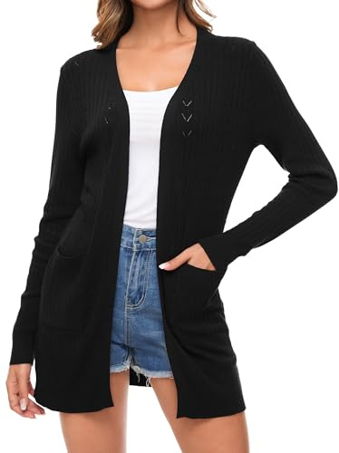 Famrrifuu Cardigan Donna Lungo con Tasche Cotone Leggero Maniche Lunghe Aperto Giacca Elegante Cardigan Maglia,Nero,M