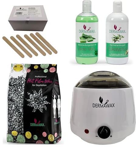 Dermawax Profi Waxing Set zur Haarentfernung 1000 ml Wachswärmer Made in Spanien 1 kg Black Wachsperlen 500 ml Aloe Vera Vorbehandlungslotion 500 ml Eukalyptus Nachbehandlungsöl 200 Stück Holzspatel