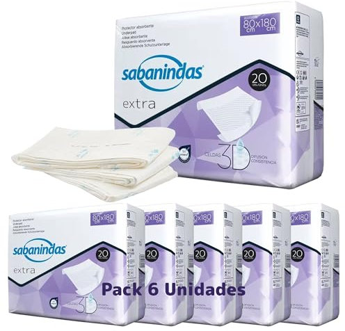 SABANINDAS Protectores de Cama Desechables Extra (80 x 180 cm, 6 x 20 Unidades) | Empapadores Cama Adultos y Bébes, Impermeables y Absorbentes | Ideal para Incontinencia | Empapador Geriátrico