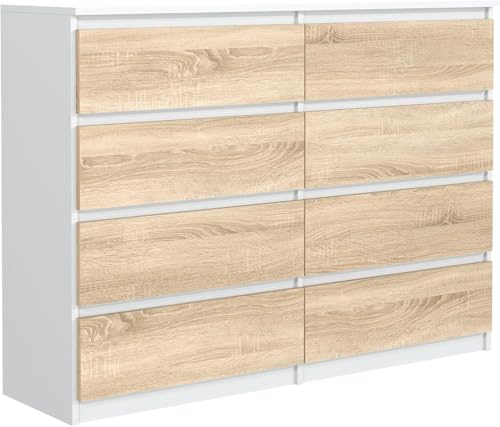meble masztalerz Comoda Dormitorio 8 Cajones 138,5 cm - Cajonera Armario Interior - Sinfonier Dormitorio Alto - Muebles para el Salón - Cómoda Moderna - Blanco/Sonoma 138,5x101,5x39 cm
