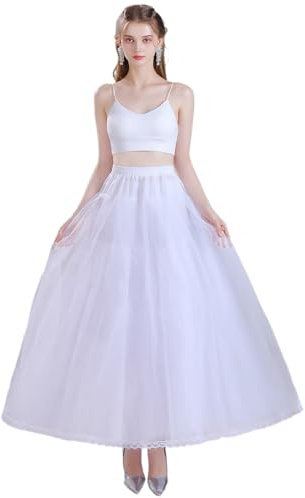 KWBCM Women's White Floor Length A-line Hoopless Petticoat Crinoline 4 Layers Underskirt Slips for Wedding Dress