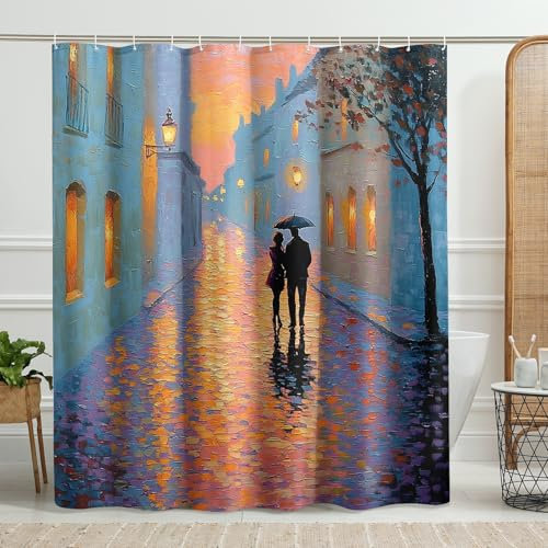 Cortina de ducha romántica con paraguas, color azul pastel y melocotón, cortina de ducha para decoración de baño, cortina de ducha artística moderna de tela impermeable con ganchos, 72 x 72 pulgadas