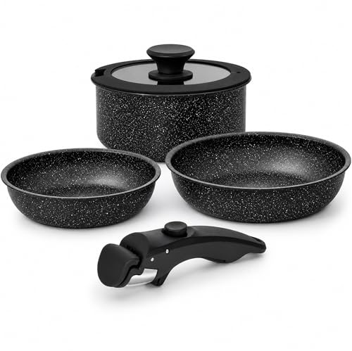 MICHELANGELO Lot de 5 casseroles et poêles à induction 20/26 cm, casserole de 18 cm avec poignée amovible, casseroles et poêles à induction, revêtement anti-adhésif en marbre noir