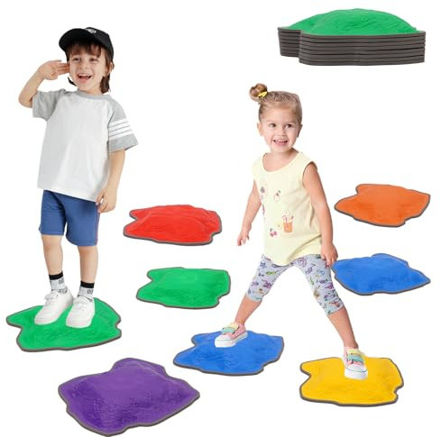 Balance Stepping Stones for Kids 8Pcs Stackable Balance Block Sensory Garden Toy with Anti-slip Texture Obstacle Course Encourage Toddler Balance & Motor Skills Indoor Outdoor Play Equipment