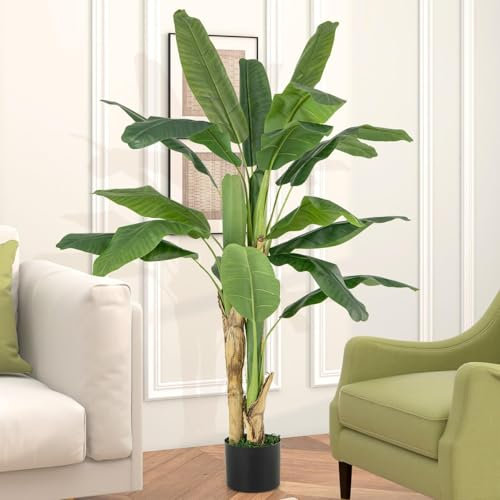 TANGZON 150CM/160CM Artificial Banana Tree, 1/2 Pack Faux Bird of Paradise Palm Tree in Pot with 18 Leaves, Indoor Outdoor Evergreen Potted Fake Plants for Home Office Decoration (1, 160cm)