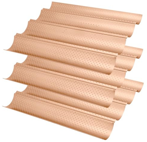 CHUENHEI Lot de 3 plaques de cuisson pour 4 baguettes - En acier au carbone perforé - 38 x 33 cm - Revêtement antiadhésif - Or rose