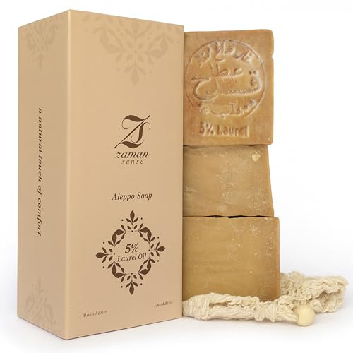 Savon d’Alep Original Zaman Sense – 5% Laurier & 95% Olive – Lot de 3 x 200 g + Pochette en sisal – Savon naturel visage, corps & cheveux, vegan & sans parfum