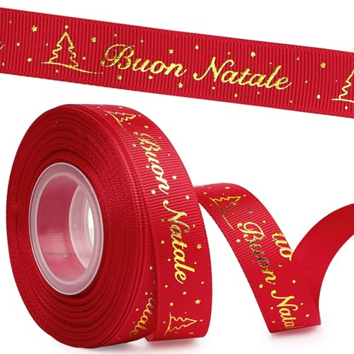 Nastro Natalizio Rosso Scritta Buon Natale Dorati Nastri Raso Natale Fiocco Ribbon per Confezione Regalo Decorativi Fiocchi Pacchetto Bomboniere Festa 20 yards 2cm