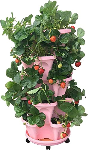 Maceta vertical apilable de 6 niveles con organizador rodante, soporte de jardín para hierbas, verduras y frutas, torre de plantas que ahorra espacio (rosa)