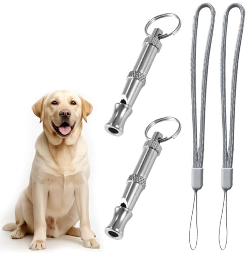 2 Pezzi Fischietto per Cani, Fischietto per Animali Domestici ad ultrasuoni in Acciaio Inossidabile con Cordino da Polso, Professionale a frequenza Regolabile per l'addestramento al richiamo