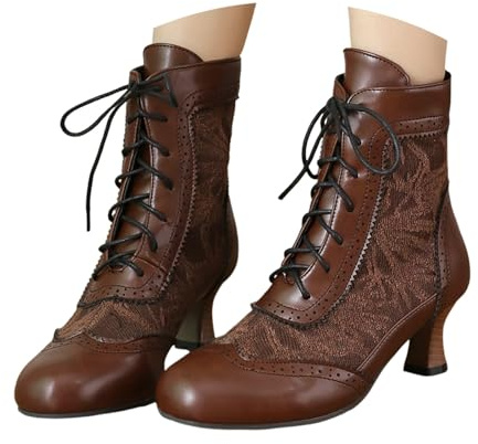 Botines para mujer, estilo victoriano, estilo gótico, con cordones, tacones medios, botas de entretiempo, con cordones, zapatos de tacón clásico, botines con cordones, marrón, 39 EU