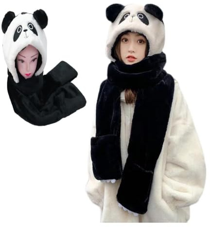 FCXVXCL 3 en 1 Gorro Guantes Bufanda Set, Invierno Panda Sombrero Gorro Guantes Bufanda Caliente Grueso Bufandas Felpa Gorrita para Niños, Adultos 3 en 1 Conjunto de invierno