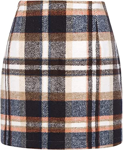 WINKEEY Mini Jupe Femme Crayon Écossaise Jupe Court Haute Taille Bodycon pour Automne/Hiver, Marron XXL