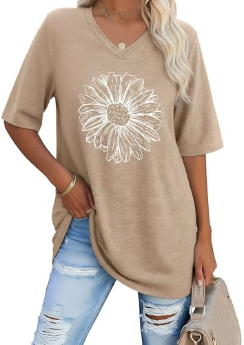 Litherday T Shirt Femme Oversize Col V Manches Courtes Casual Fluide Basic Tops Ete Grande Taille Imprime Marguerite Haut Decontracte Tee Shirt Blouse