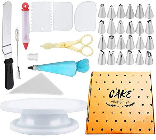 LTLCLZ 45 Pcs Torten Backzubehör, Profi Tortenplatte Drehbar Mit 24 Teiliges Spritztüllen Set, Tortenschaber, Spritzbeutel, Kuchenschneider, Dekorierstift Usw Für Dekorieren Torten