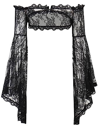 Goth Lace Sheer Bolero Shrugs For Evening Dresses Gothic Floral Bell Sleeve Renaissance Bolero Cardigans Crop Top
