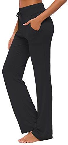 Women's Yoga Trousers with Pockets Wide Leg Drawstring Loose Straight Lounge Running Workout Modal Trousers Active Leisure Jogging Bottoms Black S