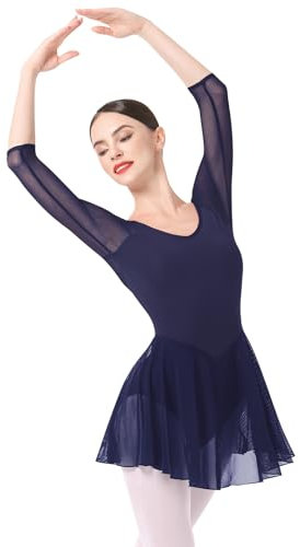 FYMNSI Damen Ballettkleid Ballettanzug Ballettbody 3/4 Arm Chiffon Tanzkleid Eiskunstlauf Kleid Erwachsene Ballettkleidung Rückenfrei Tanz Body Gymnastikanzug Trikot Turnanzug mit Rock Dunkelblau L