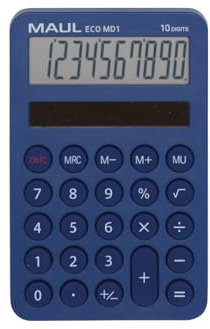 MAUL Taschenrechner Eco MD 1 | Solar Taschenrechner mit 10 Stellen und 5 Funktionen | Taschenrechner aus 60% recyceltem Kunststoff | Tischrechner für Büro, Schule | Blauer Engel/uz116 | Blau