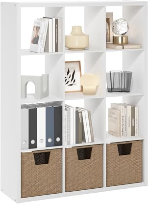 Furinno Cubicle Book Shelf, 12-Cube Bookshelf, Extra Thick Frame Reversible Bookcase with Open Back, 14.6 x 44 x 58, for Living Room, Bedroom, Home Office, White